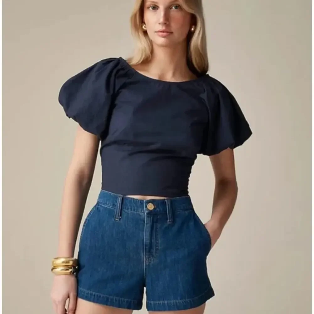 J Crew Puff Sleeve Cropped Top 100% Cotton Poplin Navy Women's‎ Size 4 Summer